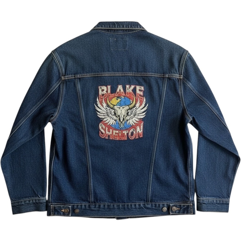 Threadfast Blake Shelton Denim‎ Jacket L Dark Blue Graphic Back Western Cowboy